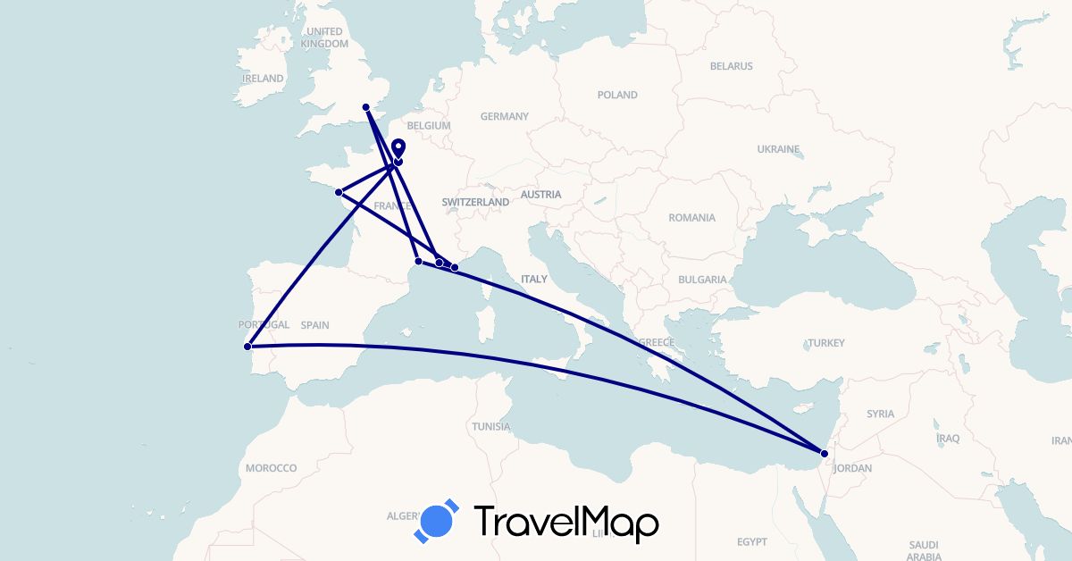 TravelMap itinerary: driving in France, United Kingdom, Israel, Portugal (Asia, Europe)